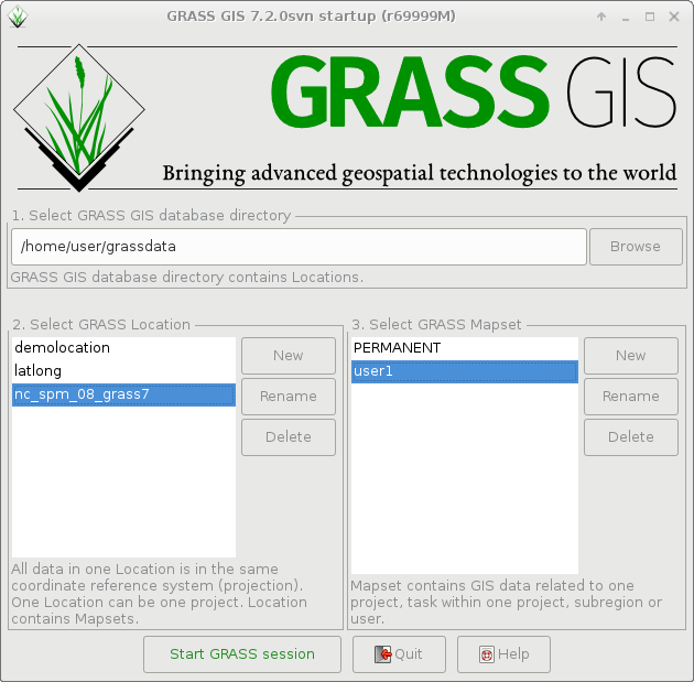 Startup screen of GRASS GIS 7.2.0