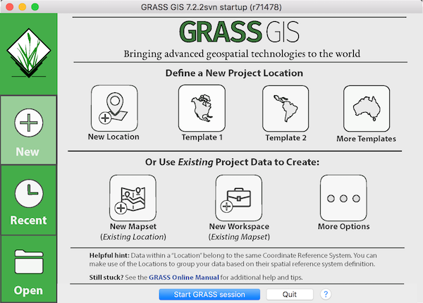 GRASS startup "New" tab