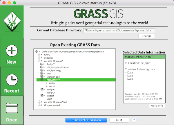 GRASS startup "Open" tab