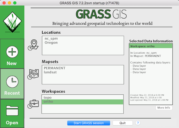 GRASS startup "Recent" tab