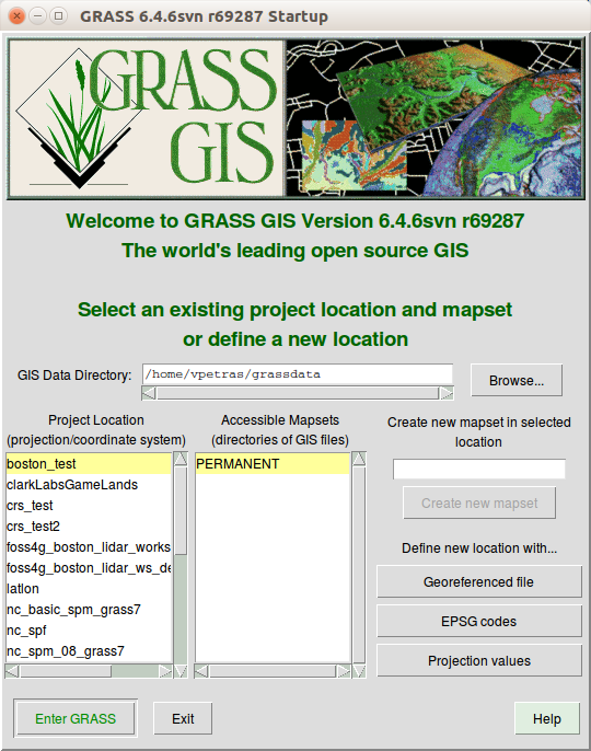 GRASS GIS 6.4 Tcl/Tk Startup Window