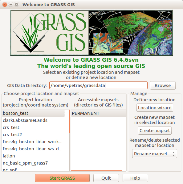 GRASS GIS 6.4 wxPython Startup Window